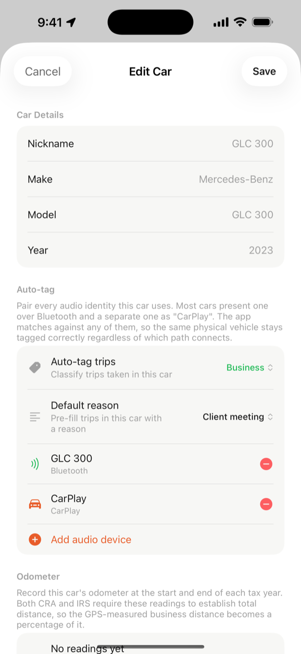 A car set up to auto-tag trips by its audio