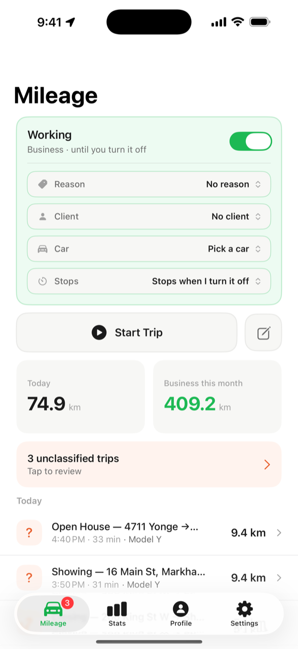 A trip recording automatically in working mode