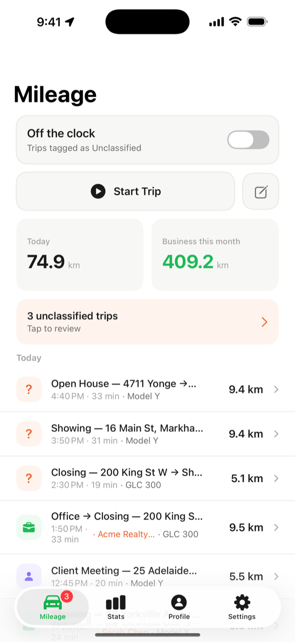 PocketMile Mileage tab: a full day of trips logged automatically