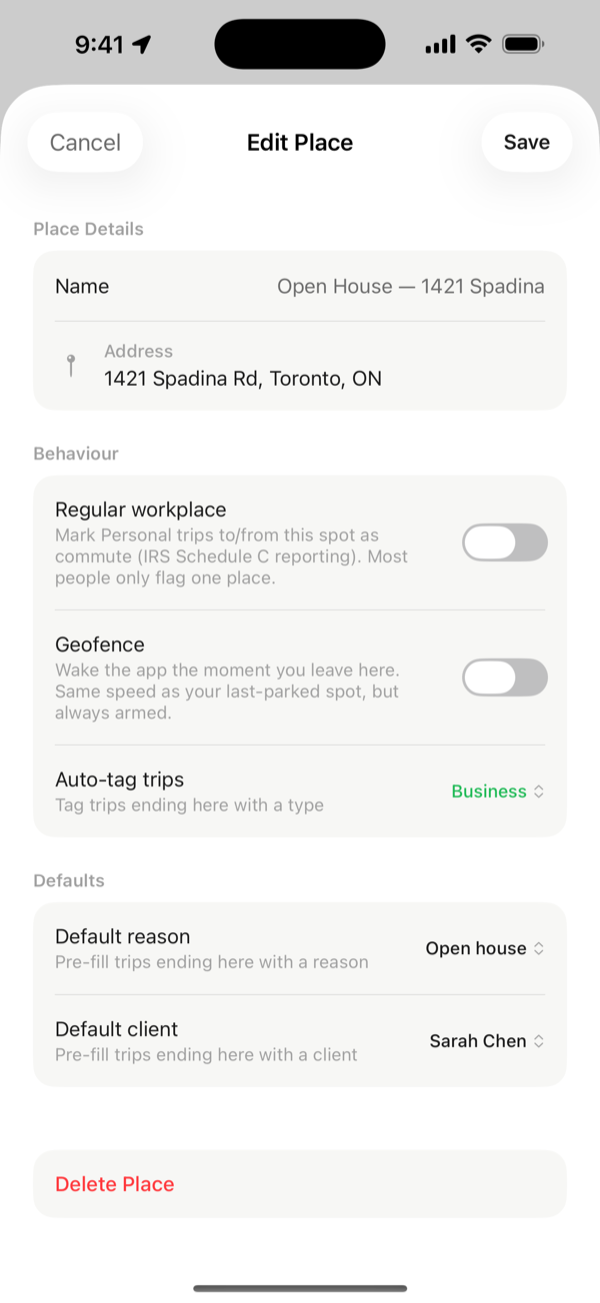 A saved place that tags and names trips automatically